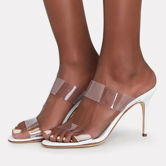 NWT Manolo Blahnik Scolto 90 Sandals White Leather Sz 36.5 Clear PVC Strap - Picture 1 of 10